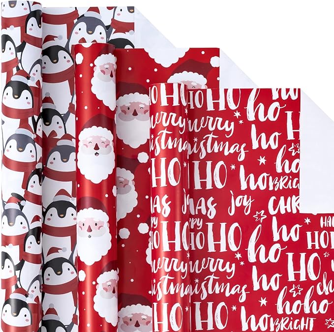 LeZakaa Christmas Wrapping Paper Roll - Mini Roll - 3 Rolls - 17 Inch X 120 Inch Per Roll - Red & White Penguins, Ho, Santa Claus, Christmas Elements Holiday Collection
