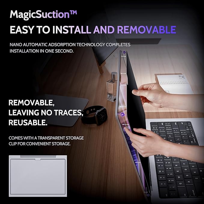 Peslv Privacy Screen for MacBook Pro 16 Inch (2021-2025, M1, M2, M3, M4), MagicSuction™ Removable Anti Spy Black Protector, Glare Blue Light Filter for Mac Laptop Computer