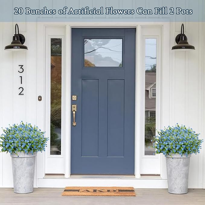 Outdoor Artificial Flowers UV Resistant, 20 Bundles Fake Realistic Floral Greenery Plants for Outside Porch, Window Boxes, Garden, Yard, Inside Home Table Decor,Blue