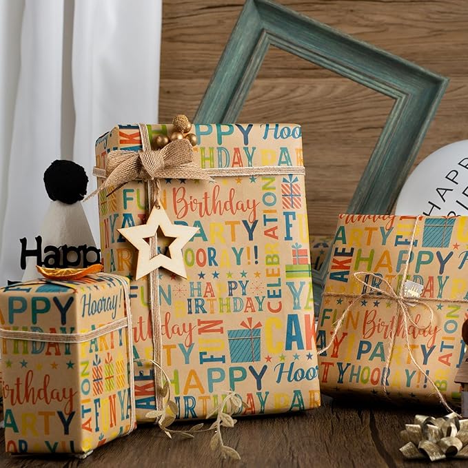 Burymento Kraft Birthday Wrapping Paper for Boys & Girls - Colorful Happy Birthday Pattern - Great for Parties & Baby Showers - Mini Roll - 17 Inches X 33 Feet
