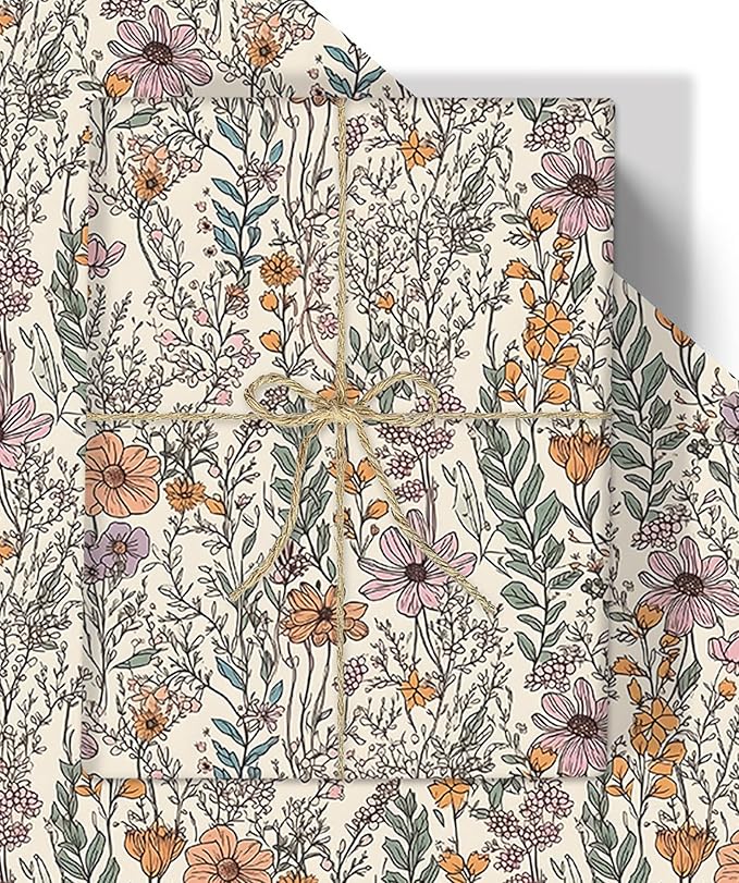 8 Sheets Vintage Wildflower Wrapping Paper - 19.7” x 27.6” Spring Floral Gift Wrap Paper for Girls, Women Birthdays, Baby Showers, Bridal Showers, Weddings, Valentine’s Day Party Celebrations