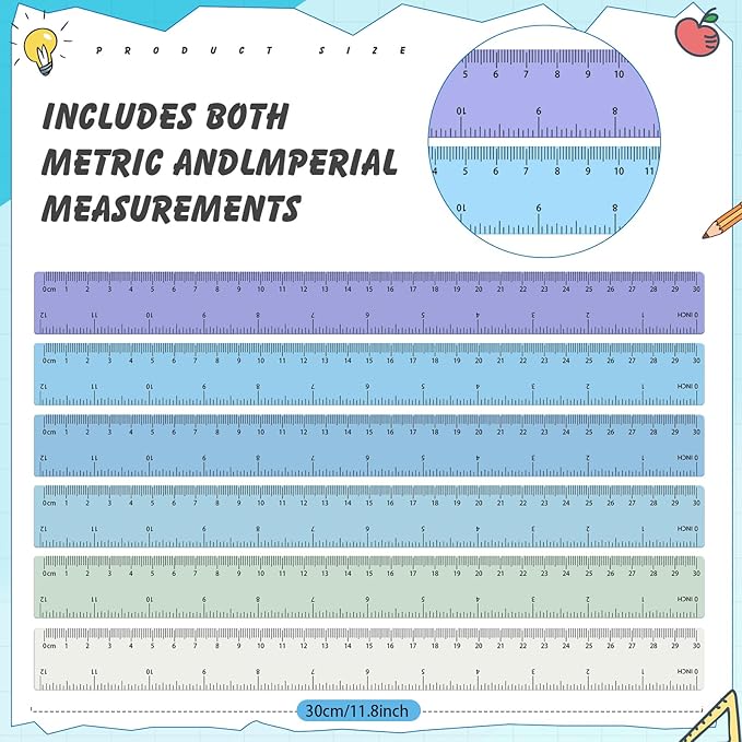 ForraFun 60 Pcs Plastic Clear Rulers 12 Inch, Transparent Assorted Color Ruler Bulk, with Imperial and Metric Scales for Home Office Supplies, Available in 6Colors(Ocean Colors)