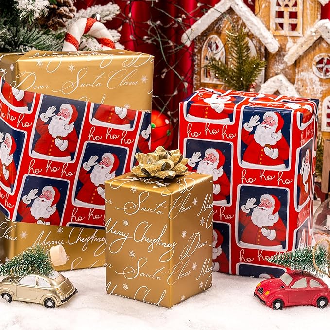MAYPLUSS Vintage Christmas Santa Wrapping Paper Roll - 17 Inch X 33 Feet - Reversible Red Festive Season's Greetings Santa Holiday Christmas Gift Wrap Thick Paper for Holiday, Birthday, New Year
