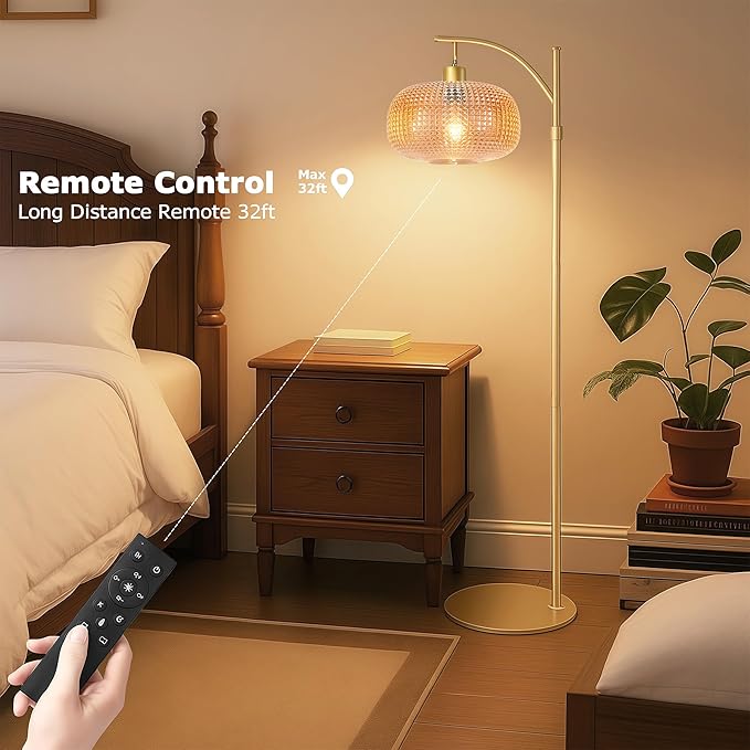 Glass Floor Lamp for Living Room, Modern Standing Lamp for Bedroom, Dimmable Tall Lamp with Shade, Remote,12W LED Bulb Included (Gold+Amber)