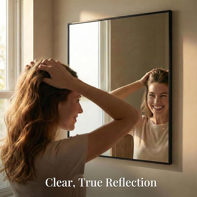 36"x36" Square Black Bathroom Mirror, Shatterproof Tempered Glass, Large Geometric Vanity Mirror, Oversized Ultra-Flush Wall-Mounted