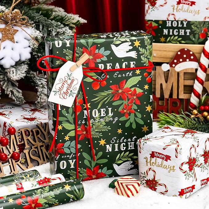MAYPLUSS Green Christmas Wrapping Paper - 17In x 120In Per Roll - Elegant Gold Red Poinsettia, Vintage Snowflake, Peaceful Dove & Olive Branch in Flight Winter Gift Wrap for Christmas, Holiday, Party