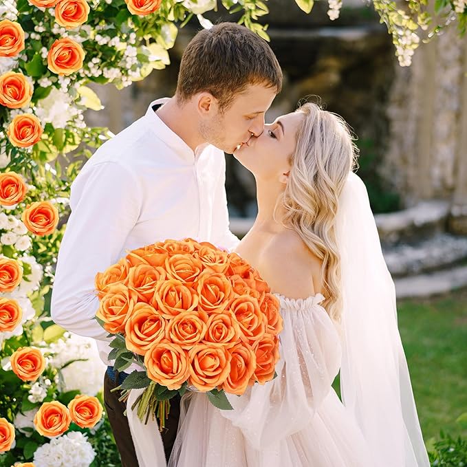 30 Pcs Rose Artificial Flowers in Bulk Real Touch Long Stem Silk Roses Bouquets Realistic Faux Flowers for Wedding Bridal Shower Home Decor Floral Arrangements Table Centerpiece(Orange)