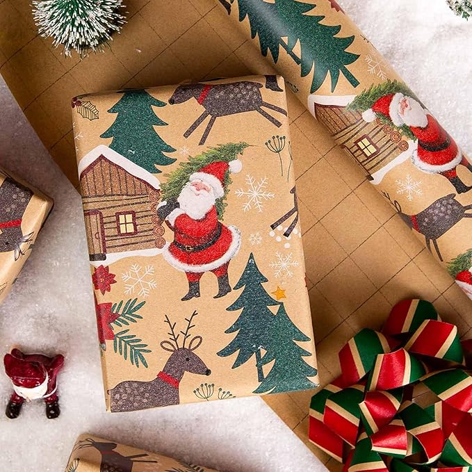 MAYPLUSS Christmas Wrapping Paper Roll - 17IN X 33FT - Kraft Gift Wrapping Paper Featuring Cute Santa Claus Christmas Tree Flower Reindeer Snowflake Reversible Cut Lines for Kids, Holiday, New Year