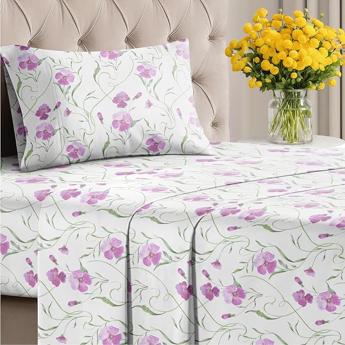 Floral Sheets - Pink Floral Bed Sheet Set - 1 Flat, 1 Fitted & 1 Pillowcase w/ Deep Pockets - Comfy, Wrinkle & Fade Free - Boho Botanical Bedding - Ultra-Soft, Breathable and Cooling - Twin Size Set