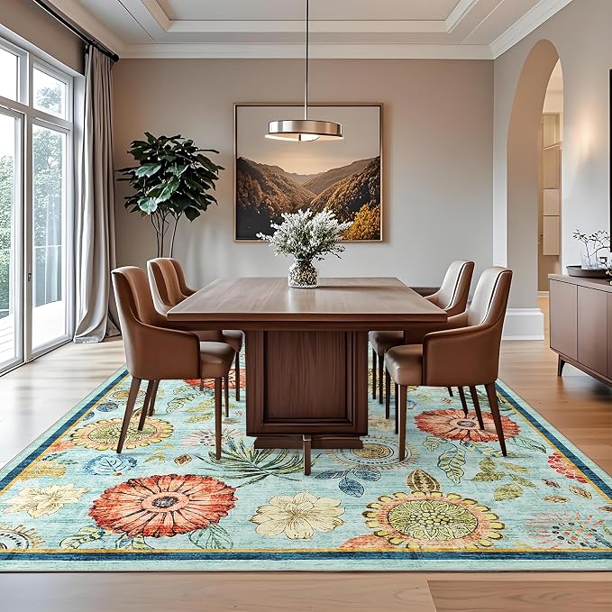 Washable 9x12 Vintage Floral Area Rug Non Shedding Living Room Large Carpet Non Slip Modern Botanical Solid Indoor Carpets Low Pile Floral Rug Soft Thin Mat for Classroom Dining Room, Blue
