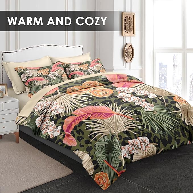Comforter Set Twin Size, Summer Tropical Flowers 5 Pcs Bedding for Kids and Adults, Hawaiian Palm Leaf Leaves Bed Sheet Sets with Fitted Sheet Pillowcase & Sham for Bedroom Bed Decor