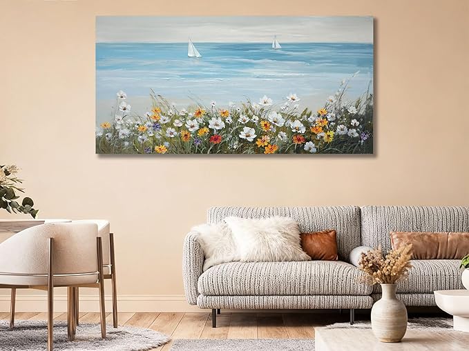 Ardemy Daisy Large Wall Art for Living Room, Floral Canvas Wall Art Ocean Flower Pictures Paintings Wall Decor Living Room Wildflower Artwork Dining Room Home Office Kitchen, 48"x24"