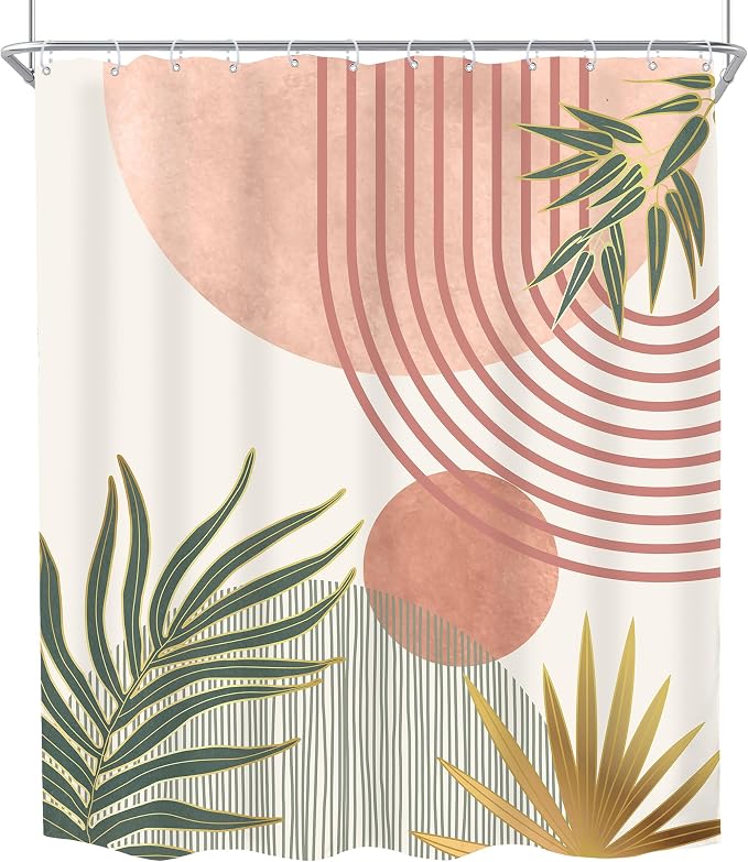 KOMLLEX Mid Century Pink Green Boho Shower Curtain 60Wx72L Inches Abstract Modern Shower Curtains for Bathroom Orange Gold Botanical Minimalist Arch Sun Fabric Liner Waterproof Polyester 12 Pack Hooks