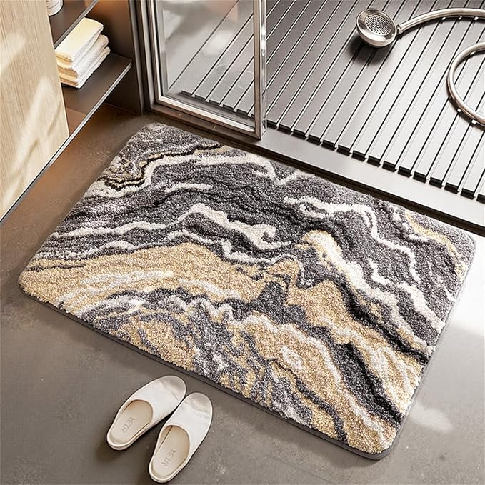 Ankah Luxurious Nordic Bathroom Rug, Extra Soft Fluffy Bath Mat, Absorbent, Non-Slip, Easy to Care and Fast Drying, Modern Style Marble Pattern Shower Rug, Home Decor Accessories, 17.3"x29.9", Brown