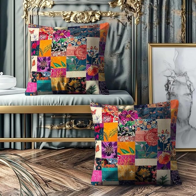 Printed Faux Patchwork Throw Pillow Covers 18x18 Set of 2 | Rustic Kantha Cushion Cases with Hidden Zipper | Floral Decorative Pillowcases for Couch, Sofa, Living Room and Bedroom