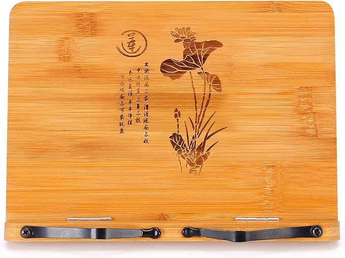 MEGREZ Bamboo Book Stand 11 x 8.0 inch, Foldable Cookbook Holder with 6 Adjustable Height, Reading Book Holder for Recipe, Music Book, Textbook, Tablet Stand, The Language of Lotus
