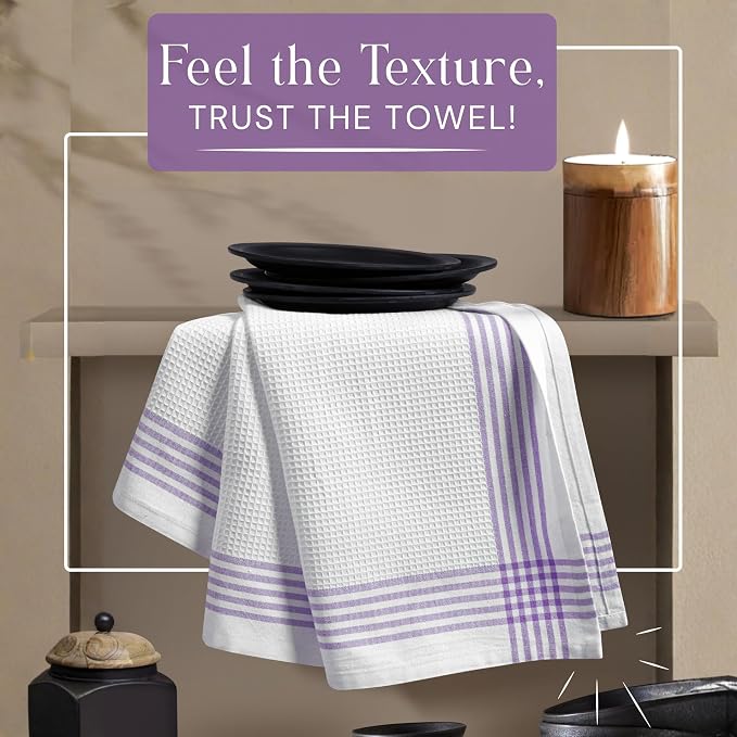 Waffle White & Lavender Kitchen Dish Towels 4 Pack, 100% Cotton, 16"x26", Thick Hand Towel for Drying Dishes, Quick Dry Washcloths, Perfect for Bar, Cooking, Serving, Cleaning
