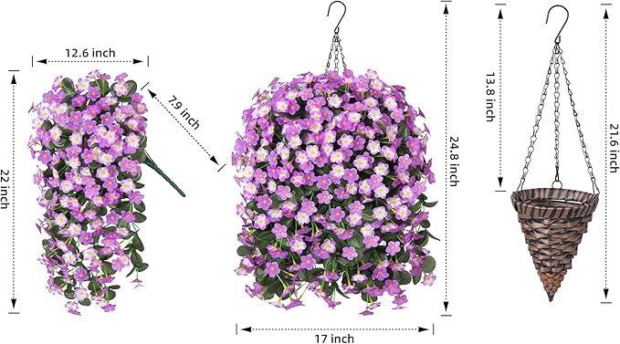 HyeFlora Artificial Fake Hanging Flowers with Basket for Outdoor Decoration,UV Resistant Faux Silk Daisy Flowers Light Fuchsia Orchid Vines in Planter Realistic Hanging Baskets for Home Porch Garden