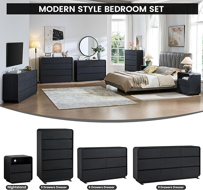9 Dresser for Bedroom, 57" Wide Vertical Drawer Dresser with Large Storage, Wooden Drawer Closet for Bedroom, Living Room, Black
