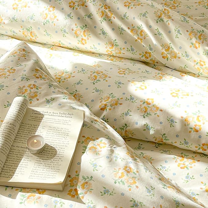 EAVD Chic Shabby Small Yellow Floral Duvet Cover Queen Soft 100% Cotton Garden Floral Bedding Set with 2 Pillowcases Reversible Floral Cottagecore Bedding Set with Zipper Closure