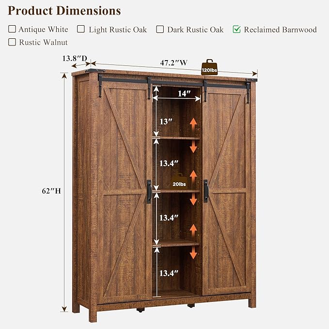 OKD Storage Cabinet with 2 Sliding Door, 7-Tier 62" Tall Farmhouse Entryway Shoe Cabinet, Freestanding Rustic Hidden Shoe Organizer for Entryway, Reclaimed Barnwood