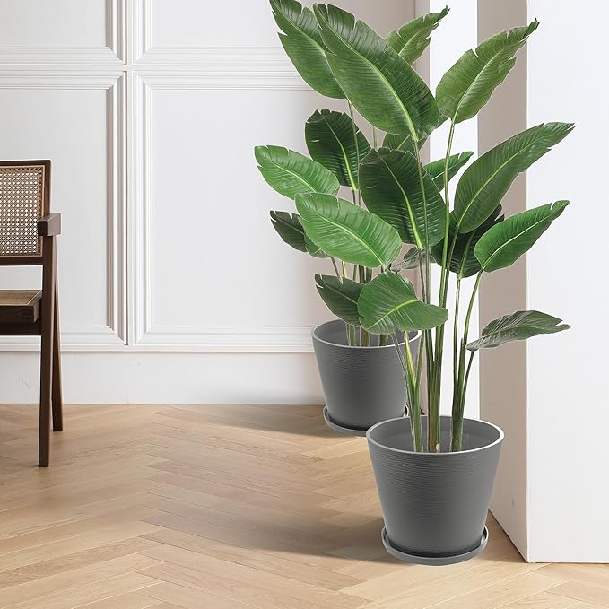 Kozyard 2Packs Round Planter Indoor Outdoor Plant Pots with Tray Collecting Water for Porch, Patio, Backyard Planters Modern Décor for Tall Plants, Flowers