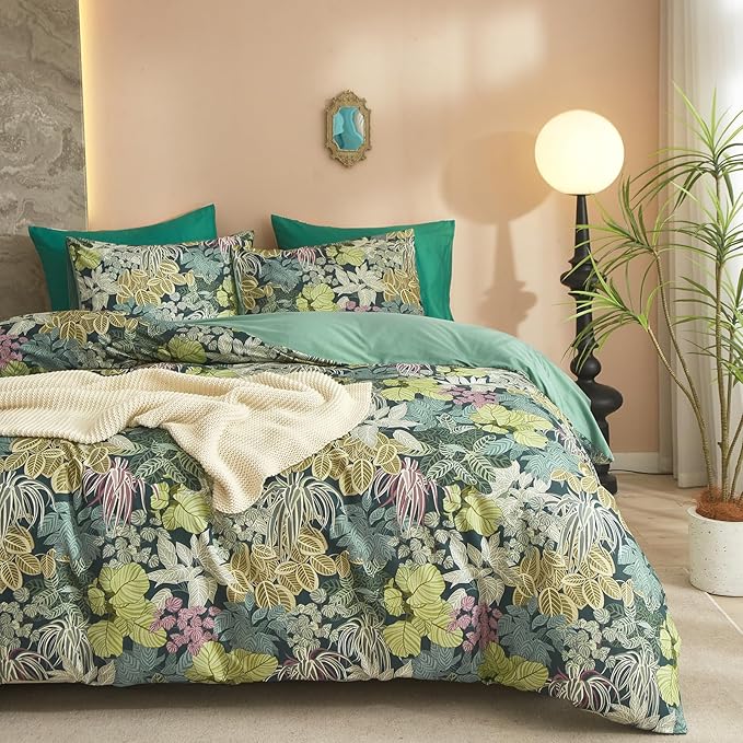 HighBuy Vintage Leaves Duvet Cover Twin Dark Green Boho Botanical Bedding Sets Country Style Green Comforter Cover with 2 Pillowcases Cozy Cotton Cottagecore Chic Farmhouse Bedroom Collection Twin