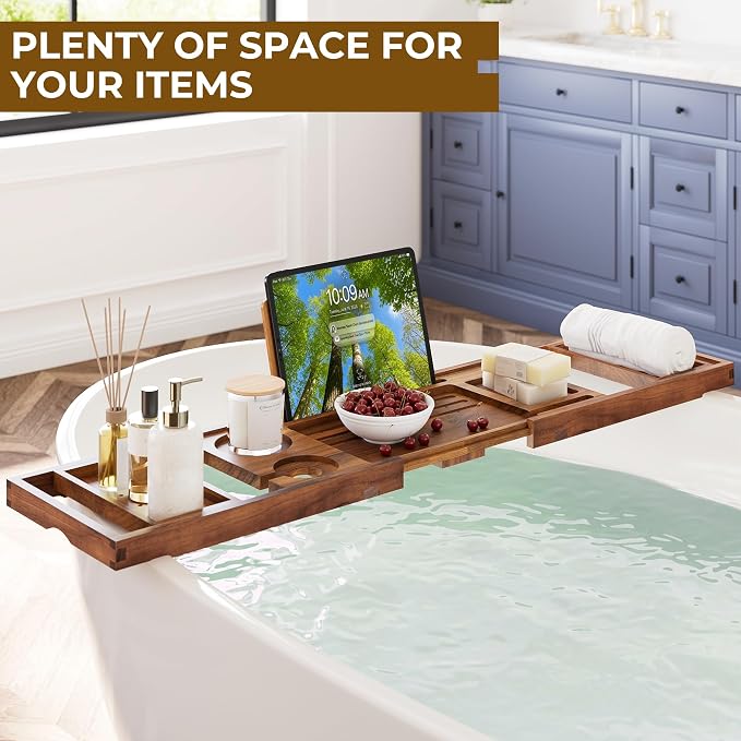 Venusmiles Teak Bathtub Tray Caddy, Foldable Bath Tray with Expandable Handles, Wine Glass and Phone Holders, Book Stand, for Home Spa Relaxation, Luxury Bathroom Accessories - Light Walnut Color