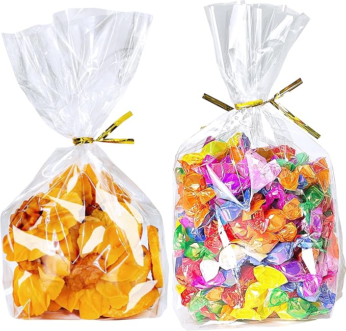 PigPotParty Cellophane Treat Bags 6"x9", 50 Pack Clear Goodie Bags, Bottom Gusset for Stand-Up Display, Small Plastic Gift Wrap for Cookies, Candy, Party Favors, Popcorn, Includes 50 Gold Ties