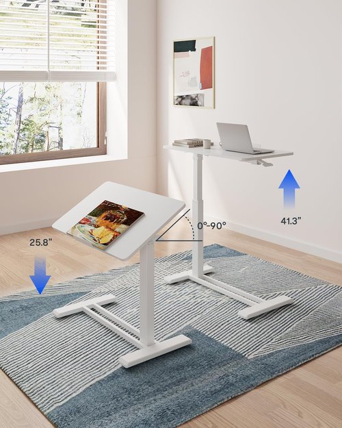 FLEXISPOT H7 PRO Mobile Standing Desk - Adjustable Overbed Table with Pneumatic Wheels | 31.5" W x 17.7" D, White