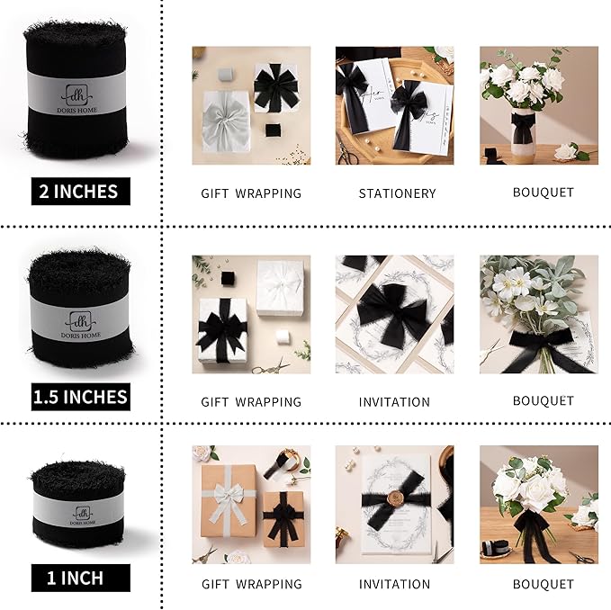 DORIS HOME Black Chiffon Ribbon for Flower Bouquet, 1" x21Yd Fabric Ribbon for Gift Wrapping, Handmade Frayed Ribbon for Wedding Invitations/Christmas Decorations