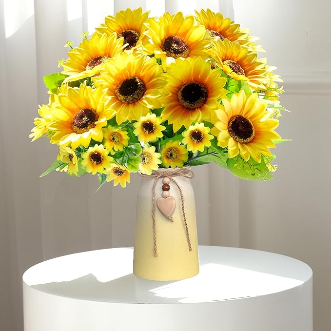 Artificial Sunflower Arrangement in Ceramic Vase – Fake Silk Sunflowers Table Centerpiece Decoration, Stylish Artificial Flowers with Vase for Home Table Dining Room