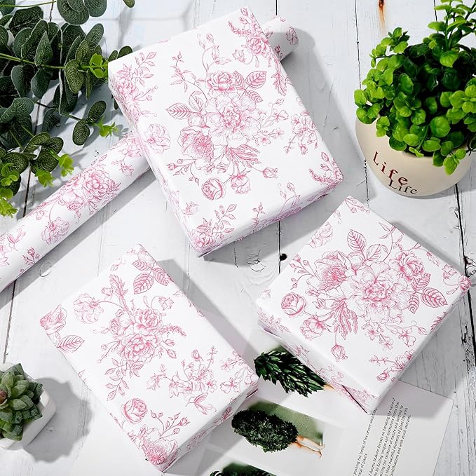 JarThenaAMCS Floral Wrapping Paper Mini Roll 17in x 32.8Ft Pink White Flowers Gift Wrap Paper for Birthday Wedding Baby Shower Party Wrapping Supplies