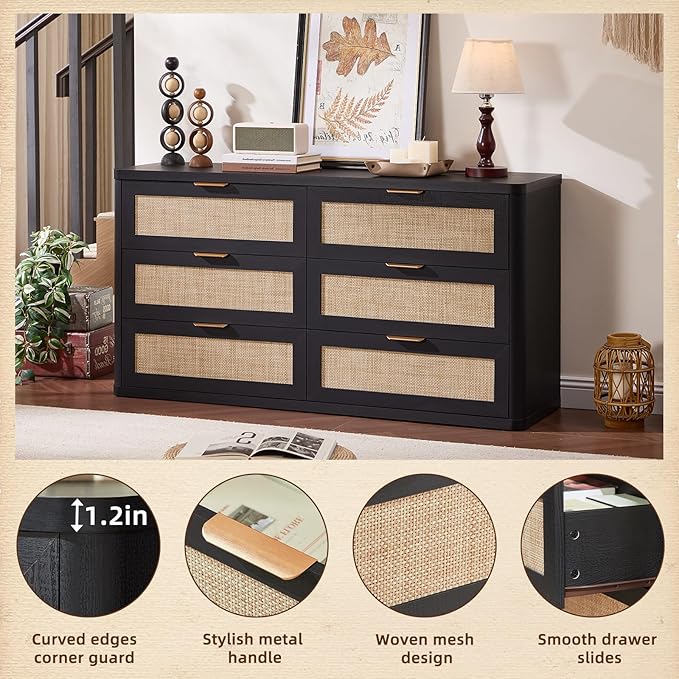 LEYAOYAO Rattan 6 Drawer Dresser for Bedroom Set of 2, Boho 54" Wide Black Dresser Chest of Drawers, Dressers TV Stand with Metal Handle, Storage Dressers Closet Organizer for Living Room, Hallway