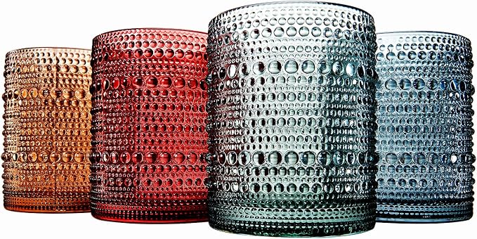 Khen Colored Glass Glasses | Set of 4 | Large Art Deco Glassware Muted Vintage Glasses for Wine, Champagne, Cocktail, Margarita, Wine Glass, Gift Idea, Muted Pastel Colors Goblets - Hobnail Beaded