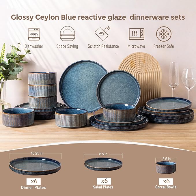 GBHOME 18-Piece Stoneware Dinnerware Set for 6 – Ribbed Ceramic Plates and Bowls, Scratch-Resistant, Microwave & Dishwasher Safe, Reactive Glaze, Ceylon Blue