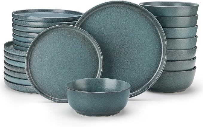 vancasso Plates and Bowls Sets, 24 Pieces Stoneware Dinnerware Set for 8, Ceramic Dish Set for Kitchen, Microwave and Dishwasher Safe, Smoky Teal, Series ZERMATT