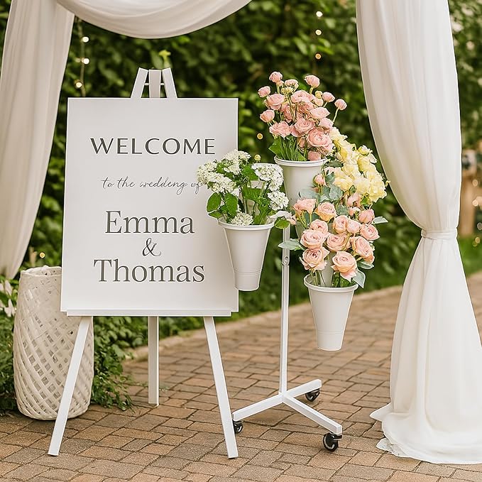 Flower Display Stand with Buckets - Flower Cart with Wheels for Bouquet Shop, Metal Flower Rack Display Stand for Wedding Garden, Party, Events (White, Round buckets)