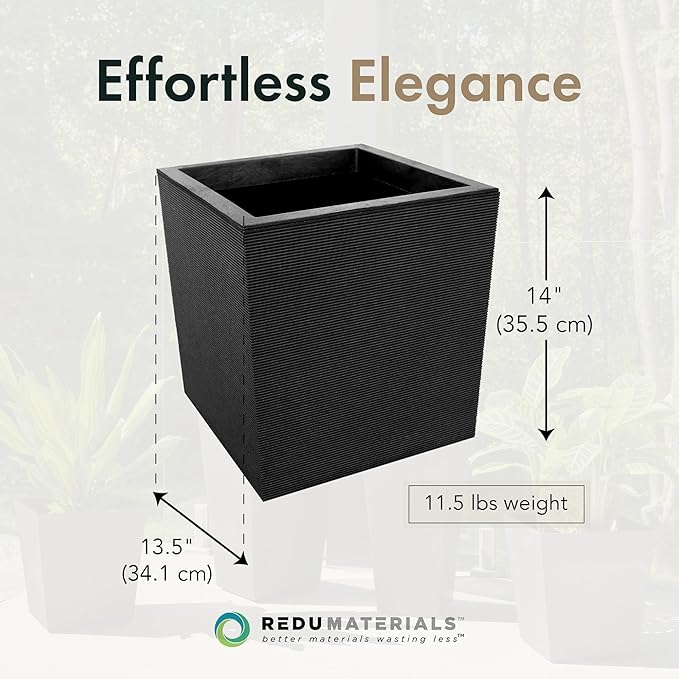 Tierra Verde Indoor & Outdoor Self-Watering Square Planter, Citadel Horizon, 13.5" x 14", Black - Planting Containers for Plants and Flowers - Gardening and Landscaping Accessories