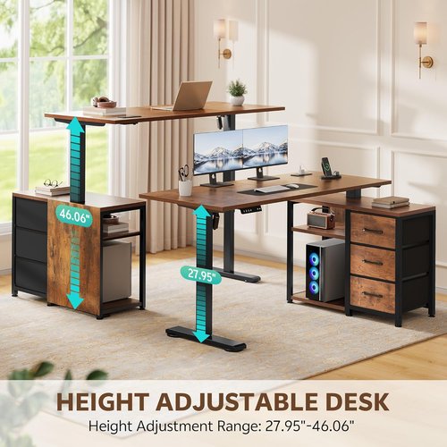 Skiennix 47-Inch L-Shaped Desk - Electric Standing Computer Table with 3 Drawers & Power Outlets | Rustic Brown