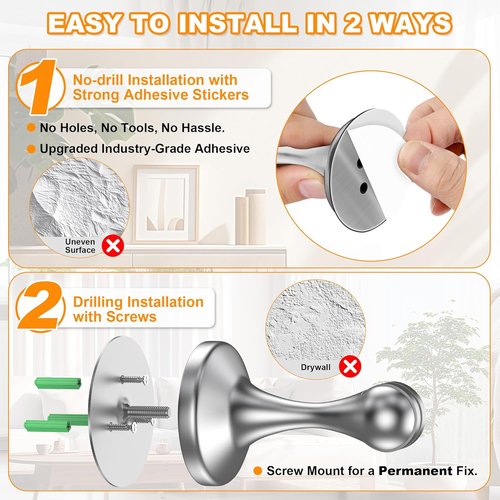 Crosize Magnetic Door Stoppers - Stainless Steel Wall & Floor Mounting | No-Drill Adhesive Tapes, Silver - 2 Pack