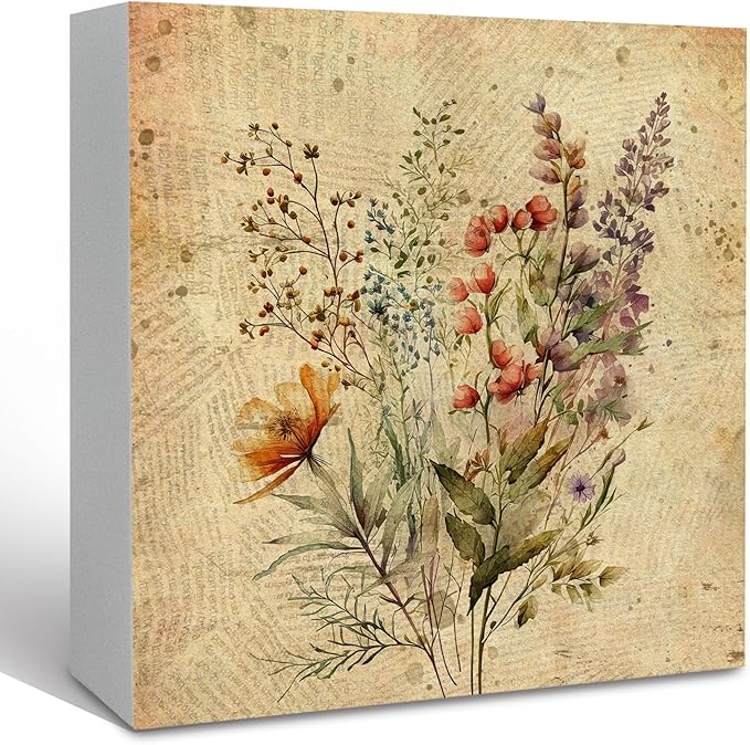 Vintage Fall Wildflower Wooden Box Sign, Floral Desk Decor, Retro Floral Decorative Signs for Office, Living Room, Bedroom, Botanical Flowers Home Shelf Decor - 5x5 Inch