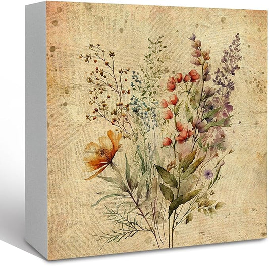 Vintage Fall Wildflower Wooden Box Sign, Floral Desk Decor, Retro Floral Decorative Signs for Office, Living Room, Bedroom, Botanical Flowers Home Shelf Decor - 5x5 Inch