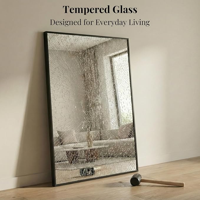 48"x30" Black Landscape Bathroom Mirror for 48-60 inch Vanity, Shatterproof Tempered Glass, Narrow Metal Frame, Ultra-Flush Mount