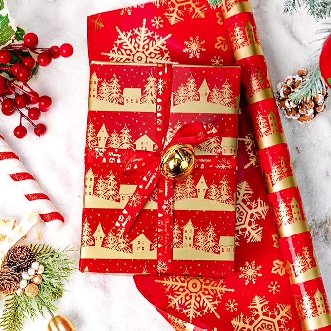 MAYPLUSS Christmas Wrapping Paper Roll, 17 Inch X 16.5 Feet Gift Wrapping Paper Featuring Gold Christmas Tree House Reversible Snowflake, Thick Wrap Paper for Holiday Party New Year Kids