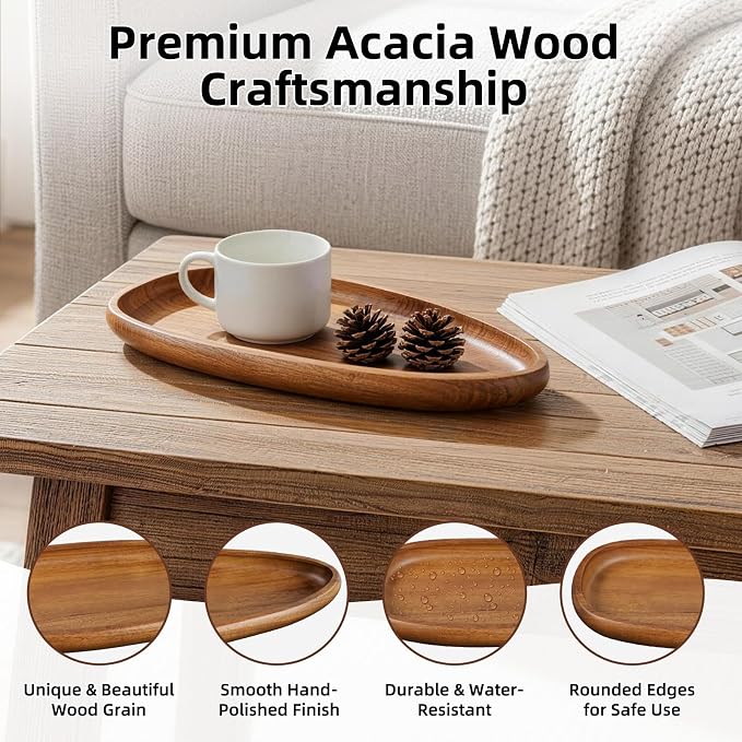 Acacia Wood Decorative Tray – Premium Craftsmanship Wooden Tray Irregular Handmade Catchall Plate for Keys, Candles, Coffee Table Décor & Entryway Organization-11.8 * 5.08 * 1.18 inch