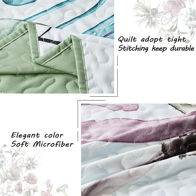 Yogeneg Full Queen Size Quilt Set, Elegant Floral Botanical Pattern Green Bedding Set,3 Piece Lightweight Soft Summer Bedspread Coverlet with 2 PIillow Sham for All Season(Green Floral,90"x96")