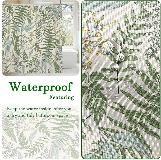 Vintage Fern Leaf Leaves Sage Green Shower Curtain, Rural Eucalyptus Plant Natural Farmhouse Floral Botanical Art Printed Fabric Waterproof Curtain for Bathroom w/12 Plastic Hooks