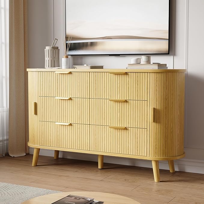 Fluted 6 Drawers Dresser, 55'' Wide Mid Century Modern Chest of Drawers with Sliding Door & Metal Handles, Curved Profile & Sturdy Legs, Wood TV Stand for Bedroom, Living Room (Natural Oak)