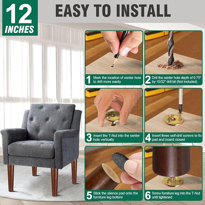 FoDau770 Brown Rubber Wood Furniture Legs 12 Inches, 5/16" UNC Straight Tapered Wood Feet Mid Century Sofa Legs, Wooden Furniture Feet Replacement Parts for Cabinet Couch Dresser Chair Ottoman Table